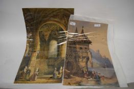 CONTINENTAL SCHOOL, TWO STUDIES, CATHEDRAL INTERIOR AND FIGURES BY A LAKE, UNFRAMED