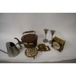 COPPER KETTLE, TRIVET, HORSE BRASSES, MANTEL CLOCK, CANDLESTICKS ETC