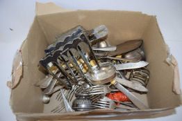 BOX OF MIXED CUTLERY, SILVER PLATED TABLE LIGHTERS ETC