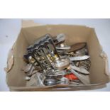 BOX OF MIXED CUTLERY, SILVER PLATED TABLE LIGHTERS ETC