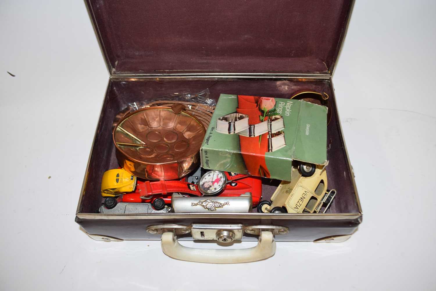 SMALL CASE CONTAINING VARIOUS TOY CARS, COPPER WARES, WRIST WATCHES ETC