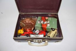 SMALL CASE CONTAINING VARIOUS TOY CARS, COPPER WARES, WRIST WATCHES ETC