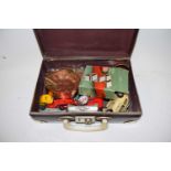 SMALL CASE CONTAINING VARIOUS TOY CARS, COPPER WARES, WRIST WATCHES ETC