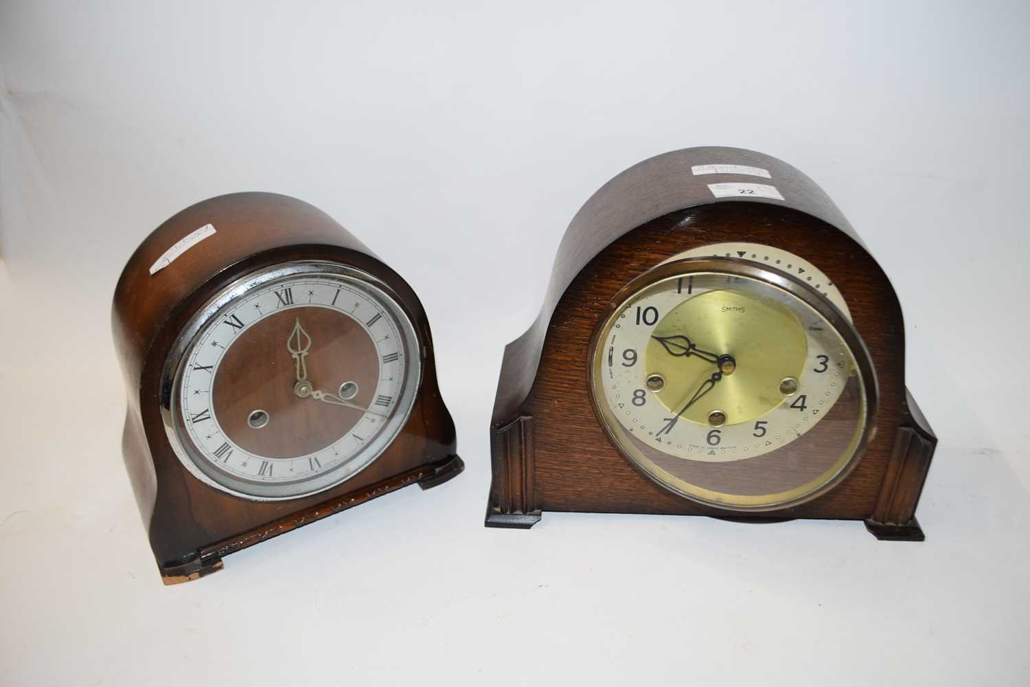 TWO WOODEN CASED DOME TOP MANTEL CLOCKS TO INCLUDE SMITHS