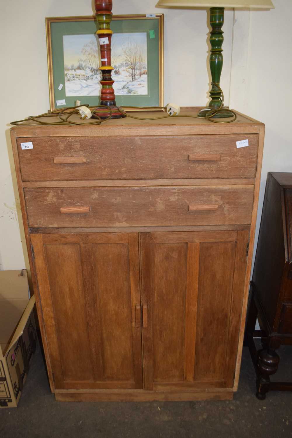 MID-CENTURY LIGHT OAK SIDE CABINET WITH TWO DRAWERS AND TWO DOORS, 53CM WIDE