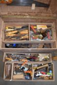 LARGE WOODEN TOOLBOX AND CONTENTS