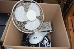 BOX OF HOUSEHOLD SUNDRIES, SUB-WOOFER, ELECTRIC FAN