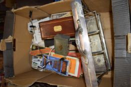 BOX OF MIXED ITEMS TO INCLUDE A SILVER PLATED TANTALUS FRAME, ORDNANCE SURVEY MAPS ETC