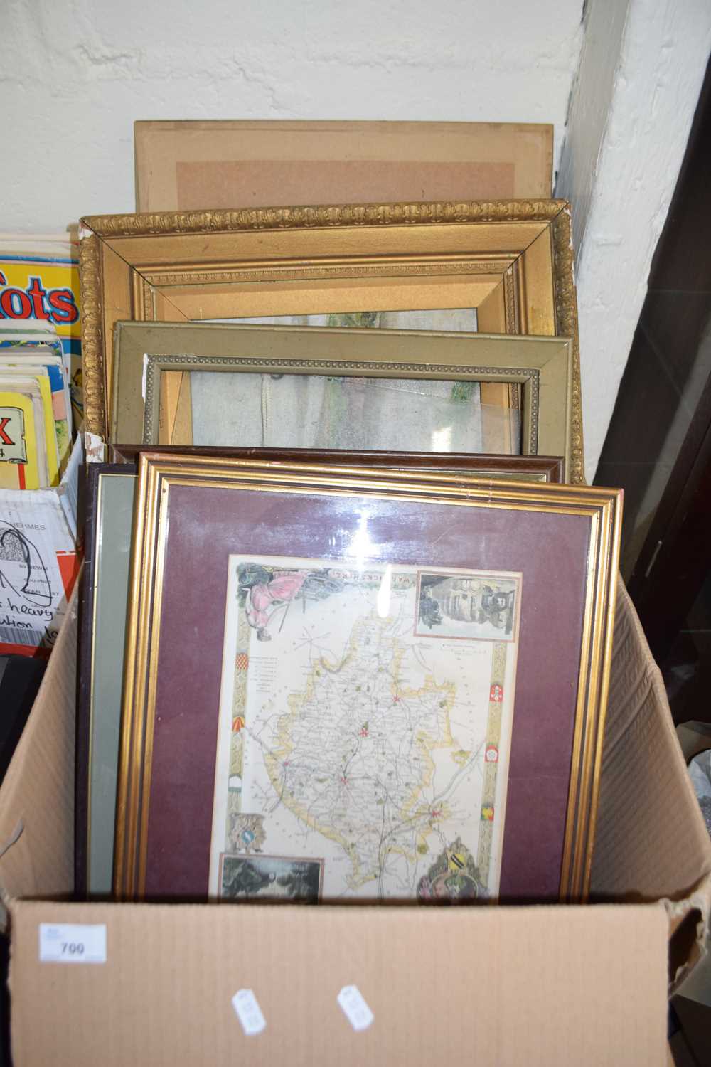 BOX OF VARIOUS FRAMED PICTURES TO INCLUDE OILS, ENGRAVINGS, MAPS ETC