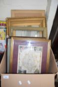 BOX OF VARIOUS FRAMED PICTURES TO INCLUDE OILS, ENGRAVINGS, MAPS ETC