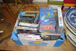 BOX OF MIXED DVDS, CDS, PLAYSTATION GAMES ETC