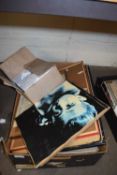 BOX OF MIXED ITEMS TO INCLUDE FRAMED PHOTOGRAPHIC PRINT OF ELVIS, JAMES DEAN PLUS MIXED CAMERAS,