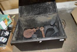 VINTAGE METAL DEED BOX CONTAINING A SHOE LAST, LARGE IRON PULLEY ETC