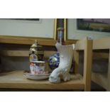 MIXED LOT - BELLEEK CORNUCOPIA VASE, CROWN DERBY CUP AND SAUCER, 19TH CENTURY GILT DECORATED COVERED