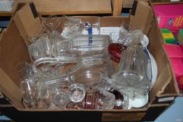 BOX OF VARIOUS MIXED 19TH CENTURY DECANTERS, GLASS WARE ETC