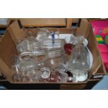 BOX OF VARIOUS MIXED 19TH CENTURY DECANTERS, GLASS WARE ETC