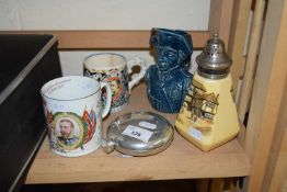 MIXED LOT - ROYALTY COMMEMORATIVE MUGS, SUGAR SIFTER, PEWTER HIP FLASK ETC