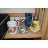 MIXED LOT - ROYALTY COMMEMORATIVE MUGS, SUGAR SIFTER, PEWTER HIP FLASK ETC