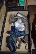 FULL SUITCASE CONTAINING PEWTER TANKARD, HORNS, AND OTHER ITEMS