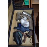 FULL SUITCASE CONTAINING PEWTER TANKARD, HORNS, AND OTHER ITEMS