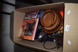 BOX OF MIXED ITEMS TO INCLUDE WOODEN BOWLS, TOOLS ETC
