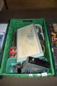 BOX OF SILVER PLATED WARES, HOUSEHOLD SUNDRIES ETC