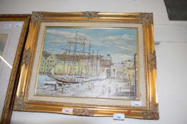 W.Warring, Tall ships in a crowded French port, oil on board, signed and dated (1990),11.5x15ins,