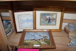 SMALL OIL ON BOARD - NORFOLK LANDSCAPE, TOGETHER WITH TWO FRAMED COLOURED PRINTS (3)
