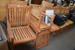 SET OF SEVEN INDIAN OCEAN HARDWOOD CHAIRS TO INCLUDE ONE CARVER