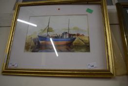 British School, 20th Century, Moored fishing boat, watercolour, indistinctly signed, framed and