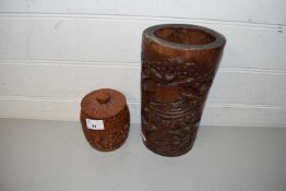 CHINESE CARVED BAMBOO BRUSH POT TOGETHER WITH A FURTHER SMALL CONTAINER