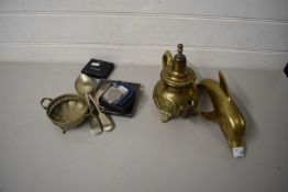 MIXED LOT: BRASS MODEL OF A DOLPHIN, VARIOUS COMMENORATIVE COINAGE, BRASS KETTLE ETC