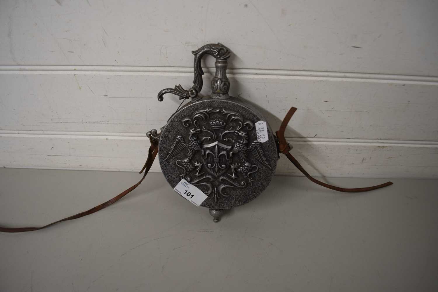 LARGE GERMAN METAL GUNPOWDER FLASK WITH LEATHER SUSPENSION STRAP