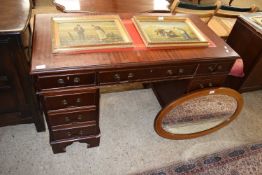 REPRODUCTION MAHOGONY VENEERED TWIN PEDESTAL OFFICE DESK WITH RED LEATHER TOP 120 CM WIDE