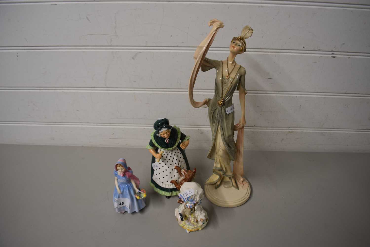 MIXED LOT: BEATRIX POTTER FIGURE LADY MOUSE, ROYAL DOULTON FIGURES OLD MOTHER HUBBARD AND WENDY