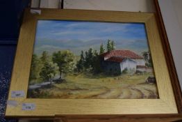Angela McGhee (British, contemporary), Farmhouse in Spain, oil on board, signed, framed