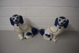 PAIR OF MODERN STAFFORDSHIRE BLUE AND WHITE MODEL SPANIELS