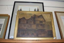 MIXED LOT, OIL ON CANVAS STUDY OF TIMBER FRAMED BUILDINGS TOGETHER WITH A FURTHER STUDY OF A
