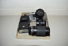 YASHICA FX-D CAMERA WITH LENSES AND FLASH