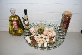 A LARGE GLASS FRUIT BOWL AND VARIOUS CONTENTS TOGETHER WITH 3 JARS SPICES AND OIL