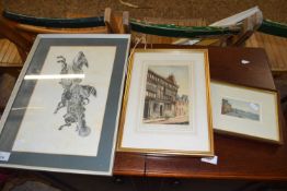 MIXED LOT: A COLOURED ENGRAVING, VIEW OF A KINGS LYNN STREET SCENE AND 2 OTHERS (3)