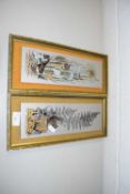 BRIAN TERRY PAIR OF COLOURED ETCHINGS ON METAL A SQUIRREL AND A SPARROW