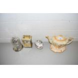 MIXED LOT: CROWN DUCAL TEAPOT AND STAND PLUS A FURTHER EGG SHAPED TRINKET BOX AND 2 MANTEL CLOCKS