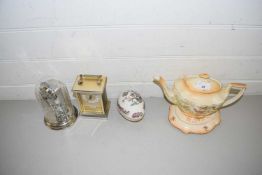 MIXED LOT: CROWN DUCAL TEAPOT AND STAND PLUS A FURTHER EGG SHAPED TRINKET BOX AND 2 MANTEL CLOCKS