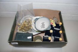 BOX OF VARIOUS MIXED ITEMS TO INCLUDE BOLS HOUSE SHAPED MINIATURE DECANTERS, VARIOUS OTHER SMALL