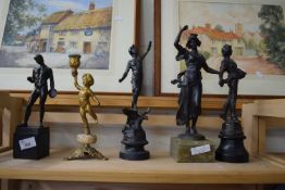 MIXED LOT: VARIOUS ASSORTED SPELTER FIGURES, FURTHER SMALL BRONZE FIGURE OF A DISCUSS THROWER