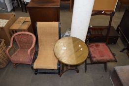 MIXED LOT: SMALL WICKER CHILD'S CHAIR, EBONISED FRAMED NURSING CHAIR, WINE TABLE AND A FURTHER