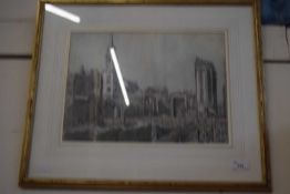 STUDY OF A CITY SCAPE WITH SPIRE, WATERCOLOUR, INDISTINCTLY SIGNED, FRAMED AND GLAZED