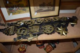 COLLECTION OF HORSE BRASSES ON LEATHER STRAPS