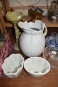 MIXED LOT: 2 CERAMIC JELLY MOULDS, WASH JUG AND A COMPOSITION PLANT STAND